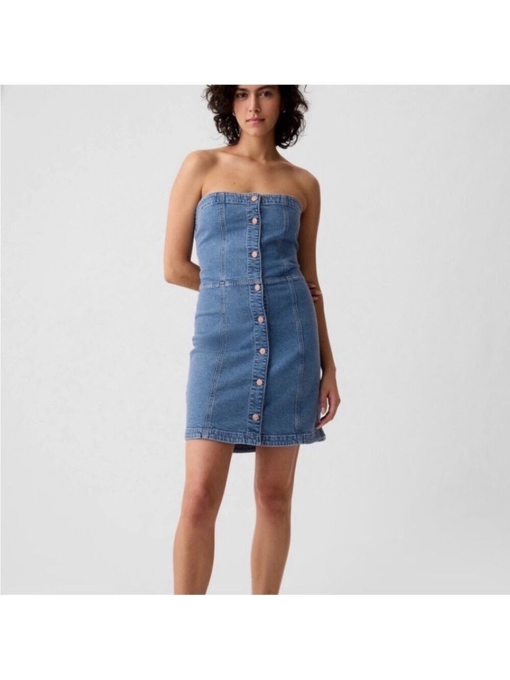 GAP Strapless Denim Medium Acid Wash Button-Front Mini Dress Size Petite Large